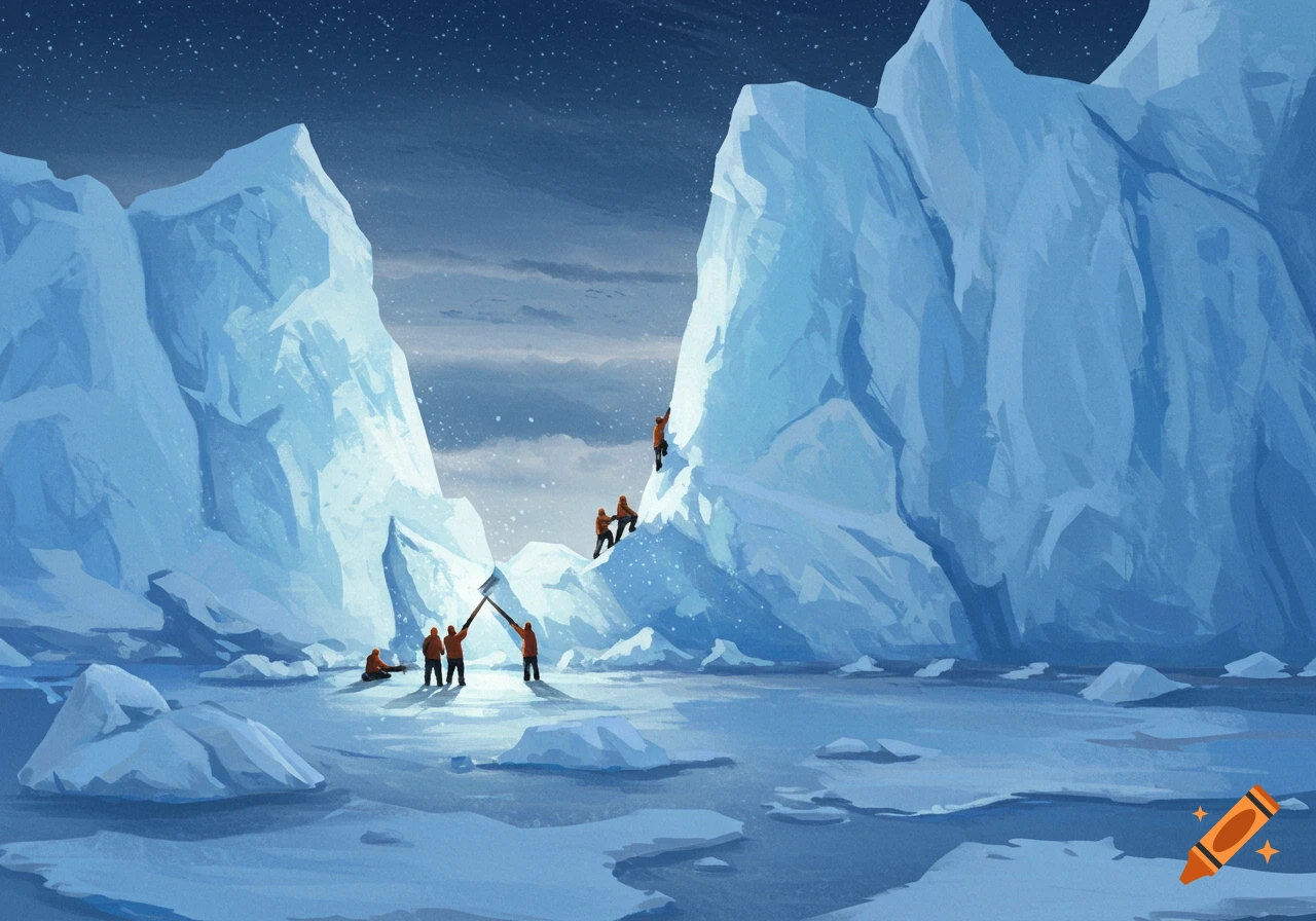 Illustration of people chiseling large icebergs in a frozen landscape under a starry sky.