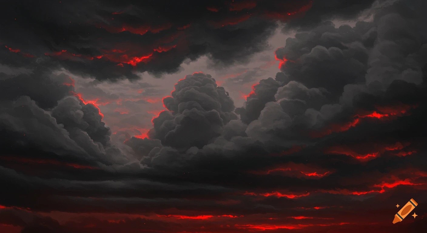 Dark storm clouds are lit from behind by a dramatic red glow.