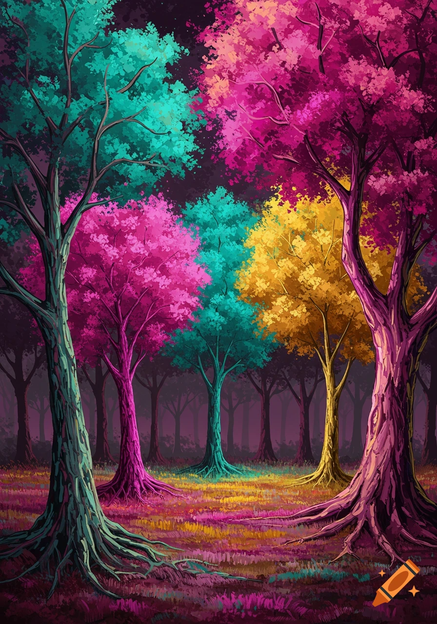 Stylized painting of abstract colorful trees in a forest