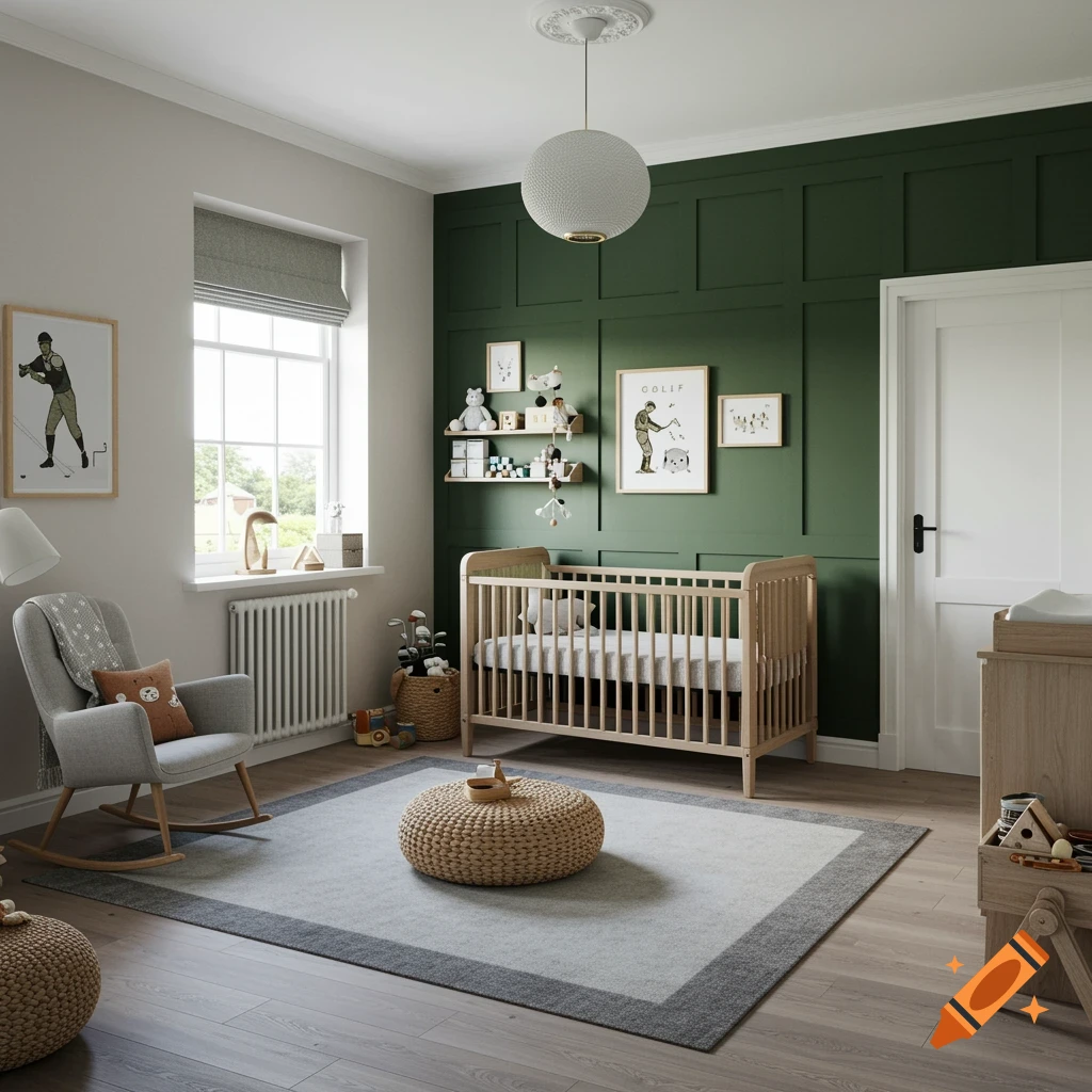 A vintage golf-themed baby boy nursery with dark green paneling, a rocking chair, crib, rug, and golf decor.