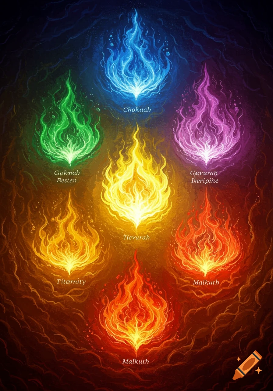 Seven colored flames in a dark cave, each labeled with text.