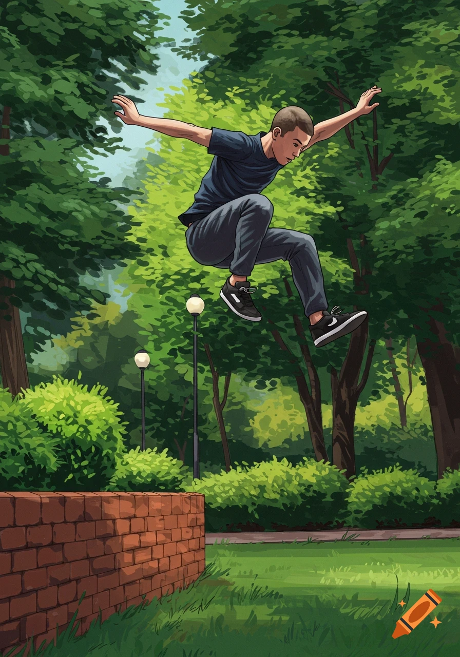 Illustration of a man performing parkour, jumping over a brick wall in a park.