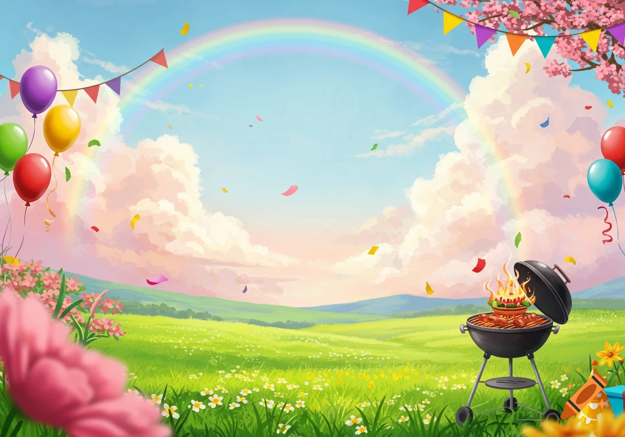 A spring landscape with a rainbow, balloons, festive decorations, and a barbecue grill.