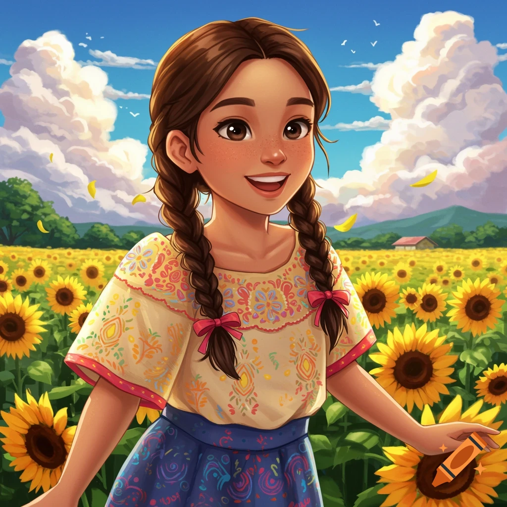 Illustration of a smiling girl with braids in a field of sunflowers