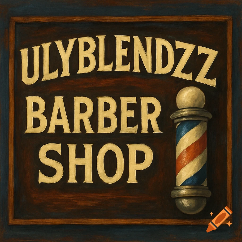 A wooden sign for Ulyblendzz Barber Shop with a barber pole.