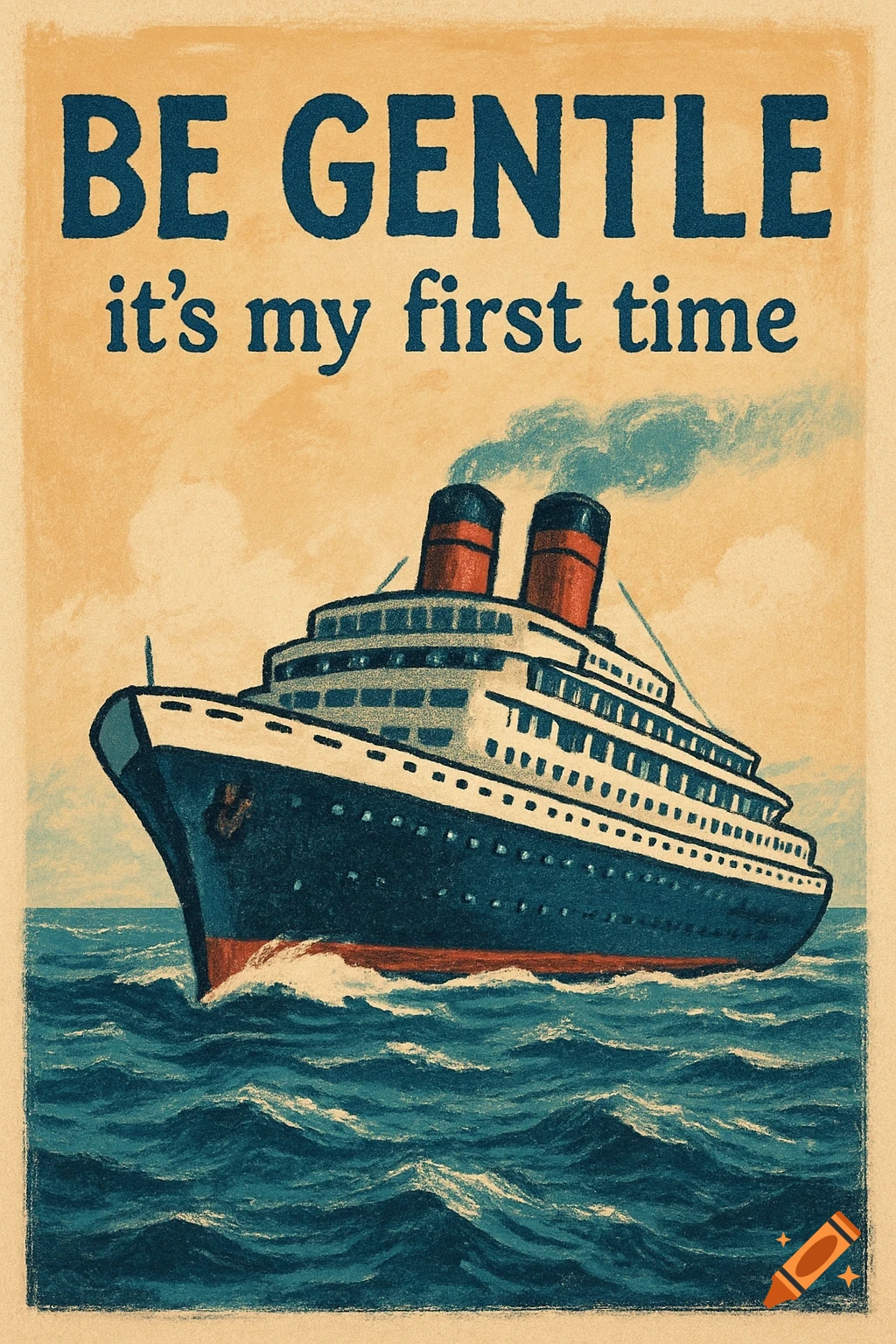 Vintage-style illustration of a cruise ship at sea with the text 'BE GENTLE it's my first time'