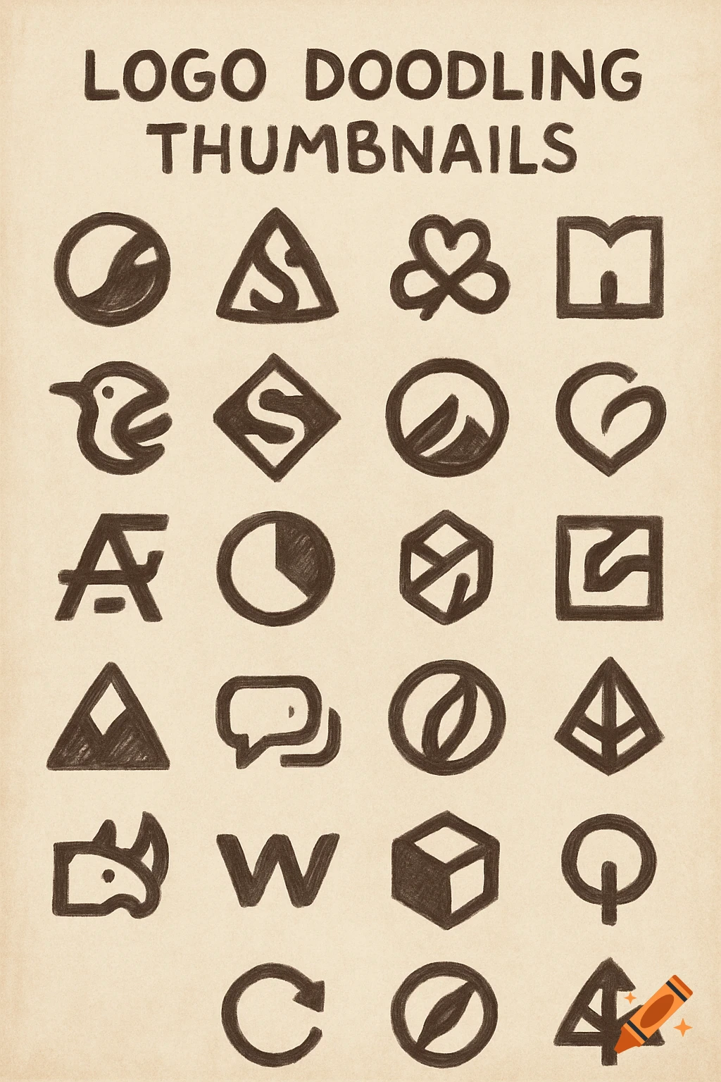 A grid of hand-drawn logo doodles with the title 'LOGO DOODLING THUMBNAILS'.