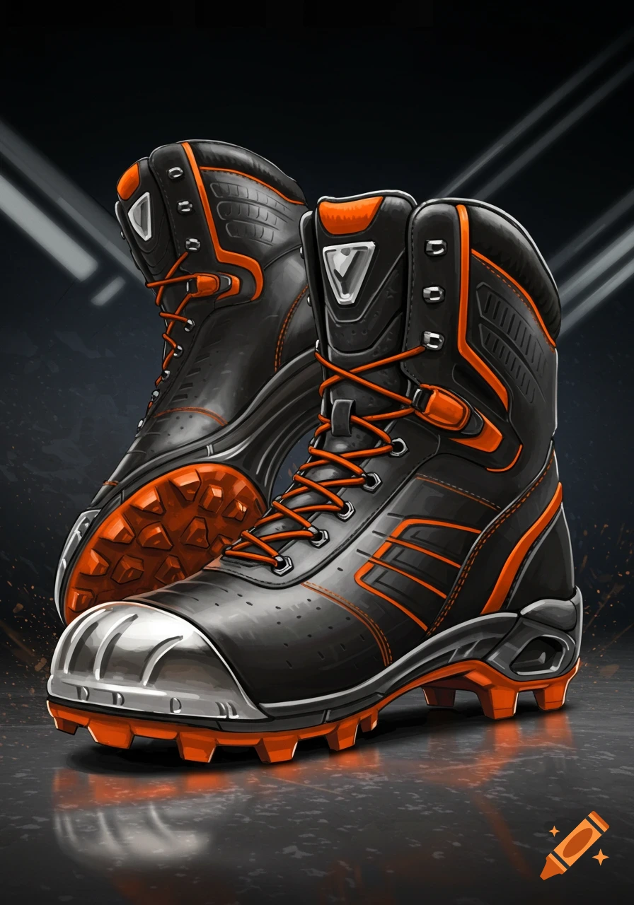 Pair of black and orange steel-toed work boots with cleats.