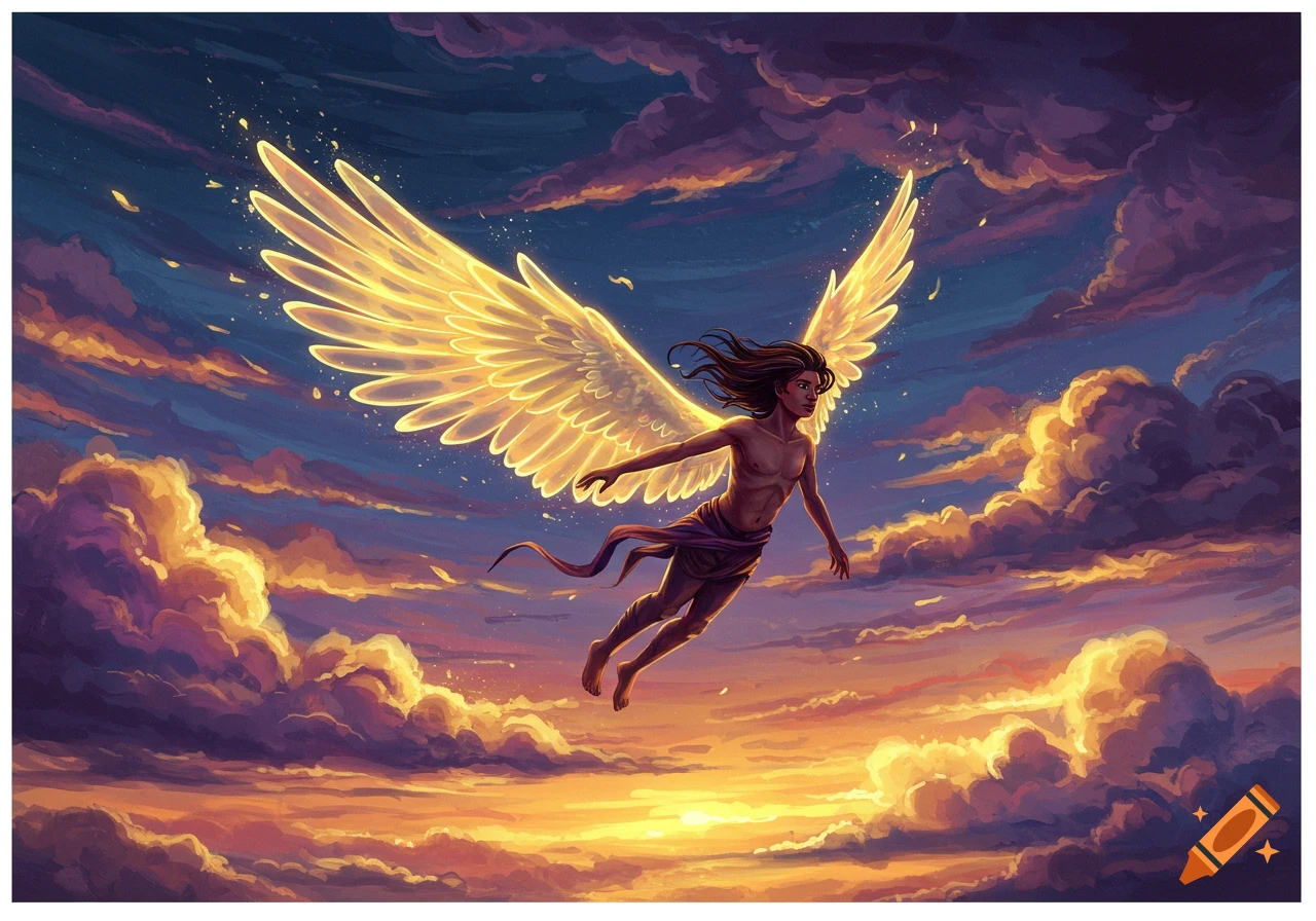 A figure with large, glowing wings flies through a cloudy sky at sunset, in an illustrative style.