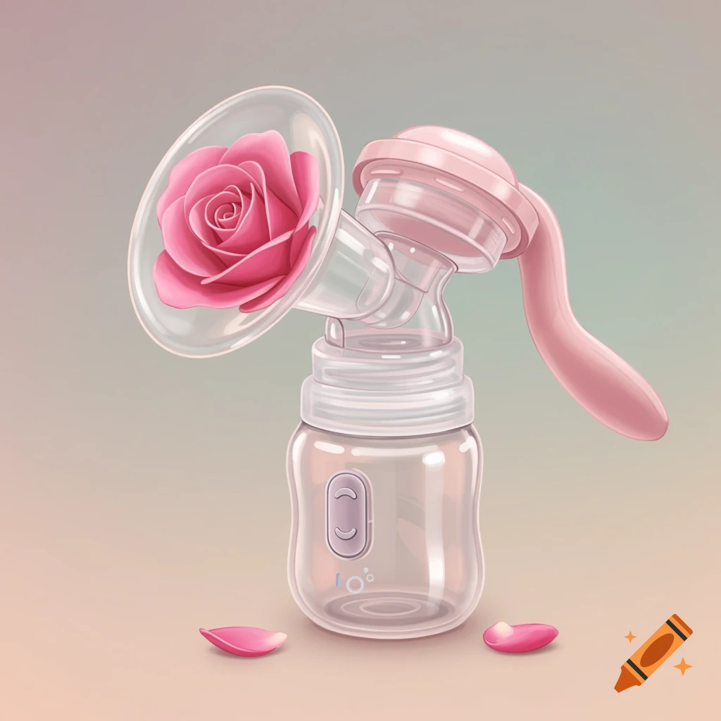 An illustration of a pink breast pump with a large pink rose in place of the suction cup.