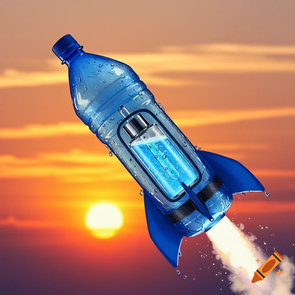 A water bottle rocket with a cylinder payload flies through the sky at sunset.