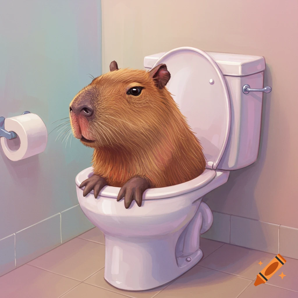 Digital illustration of a capybara sitting in a toilet.