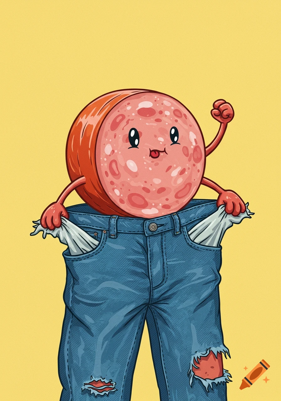 A cartoon bologna character wearing ripped jeans pulls out empty pockets.