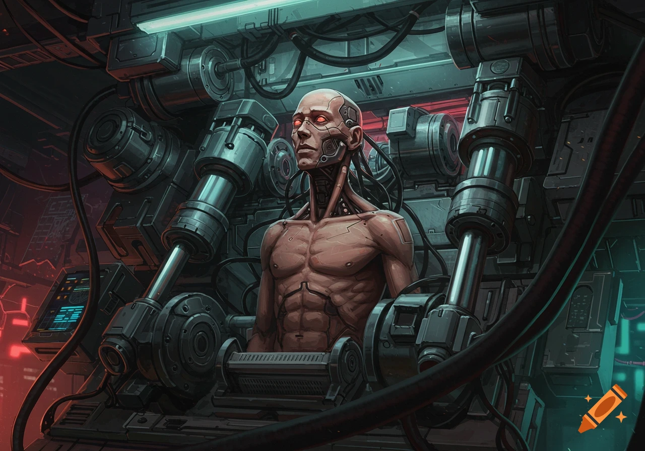Close-up of a cyborg torso and head integrated into complex industrial or scientific machinery.