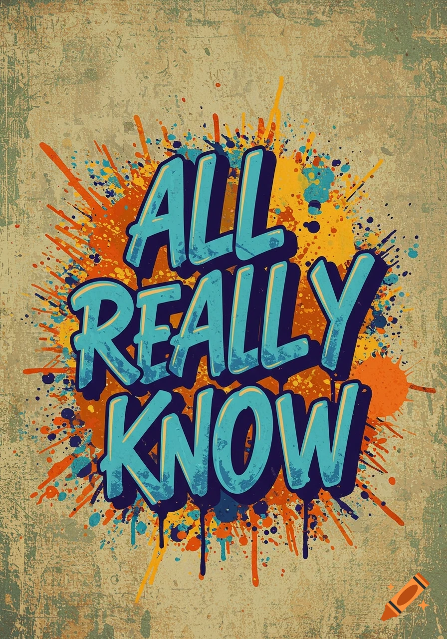 Text 'ALL REALLY KNOW' in stylized font with paint splatters on a grunge background.