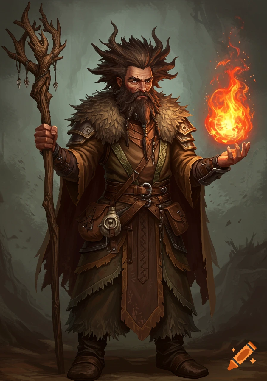 Illustration of a bearded druid holding a staff and a ball of fire.