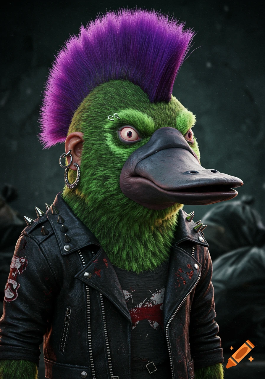 A green furry punk rock creature with a platypus bill, purple mohawk, leather jacket, and piercings.