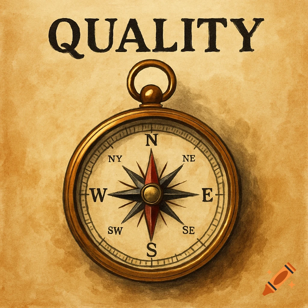 Vintage compass below the word QUALITY on a textured background, illustration.