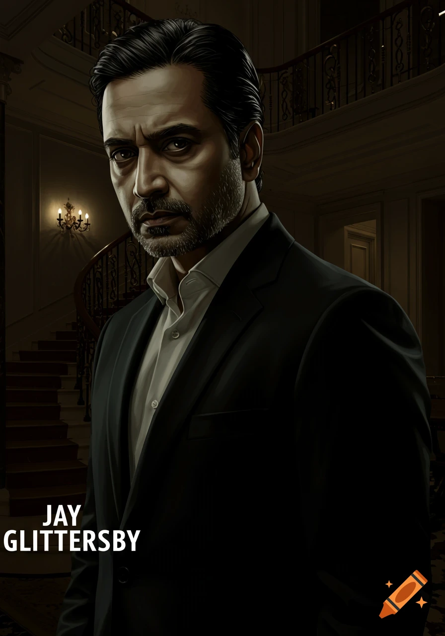 Digital painting of a serious man in a black suit standing in a dark mansion. Text reads JAY GLITTERSBY.