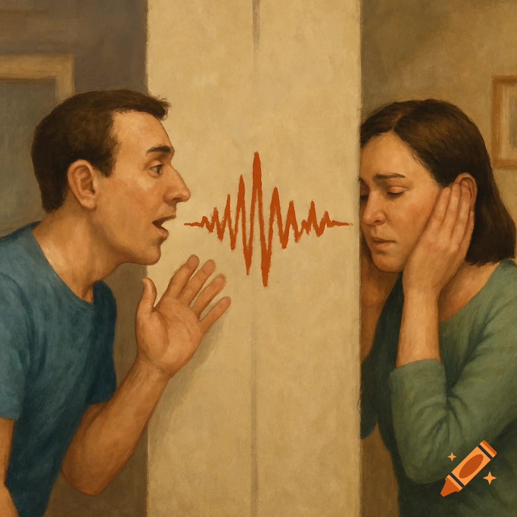 A man speaks through a wall toward a woman listening on the other side, with a red sound wave graphic between them. Painted style.