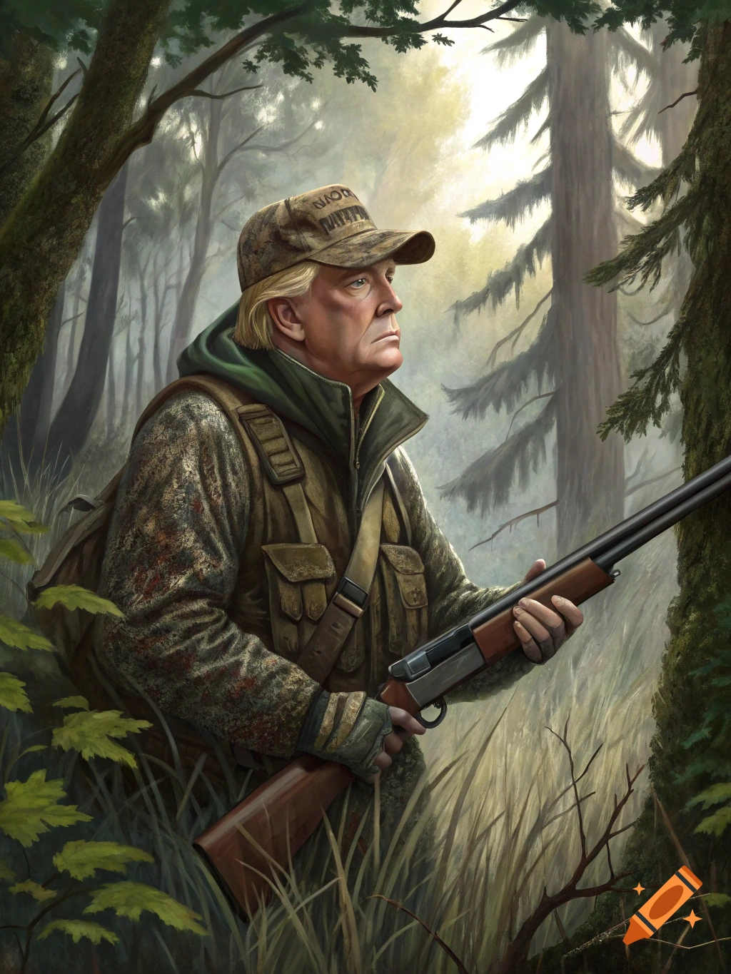 Donald Trump in hunting gear holding a shotgun in a forest