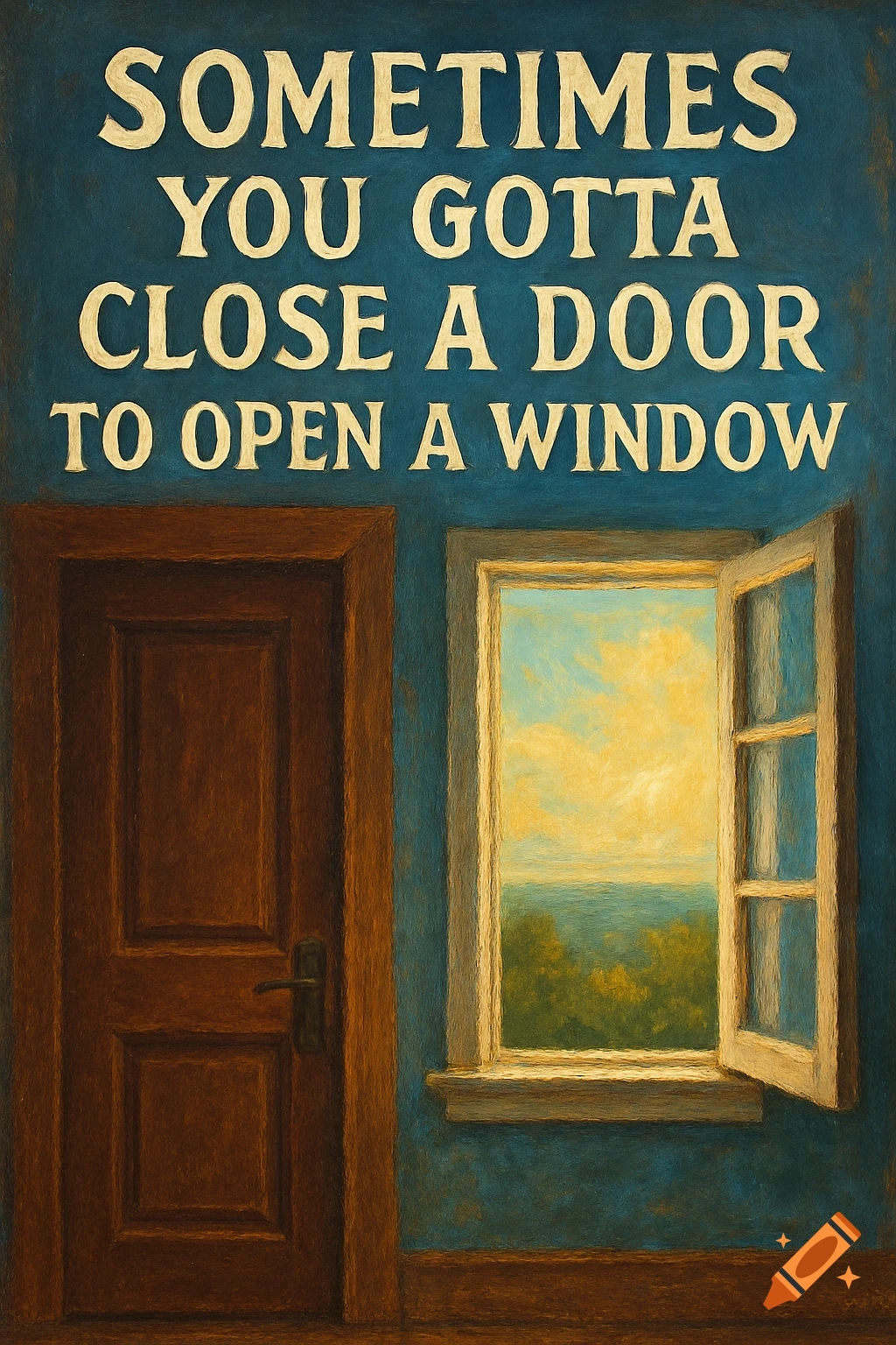 Painting of a closed door next to an open window with the text "Sometimes you gotta close a door to open a window."