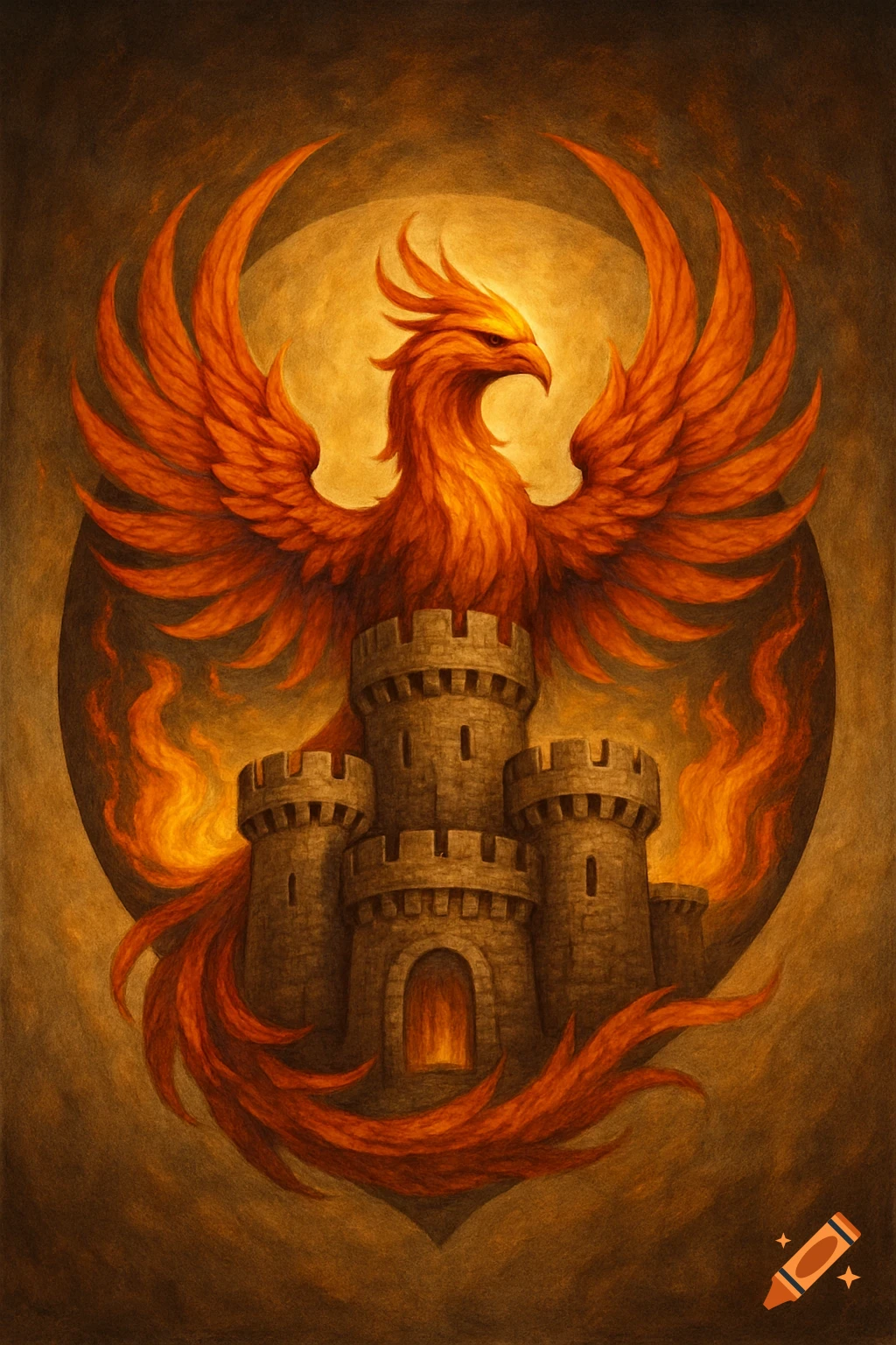 An orange phoenix with large wings rising from behind a castle, in an illustration style.