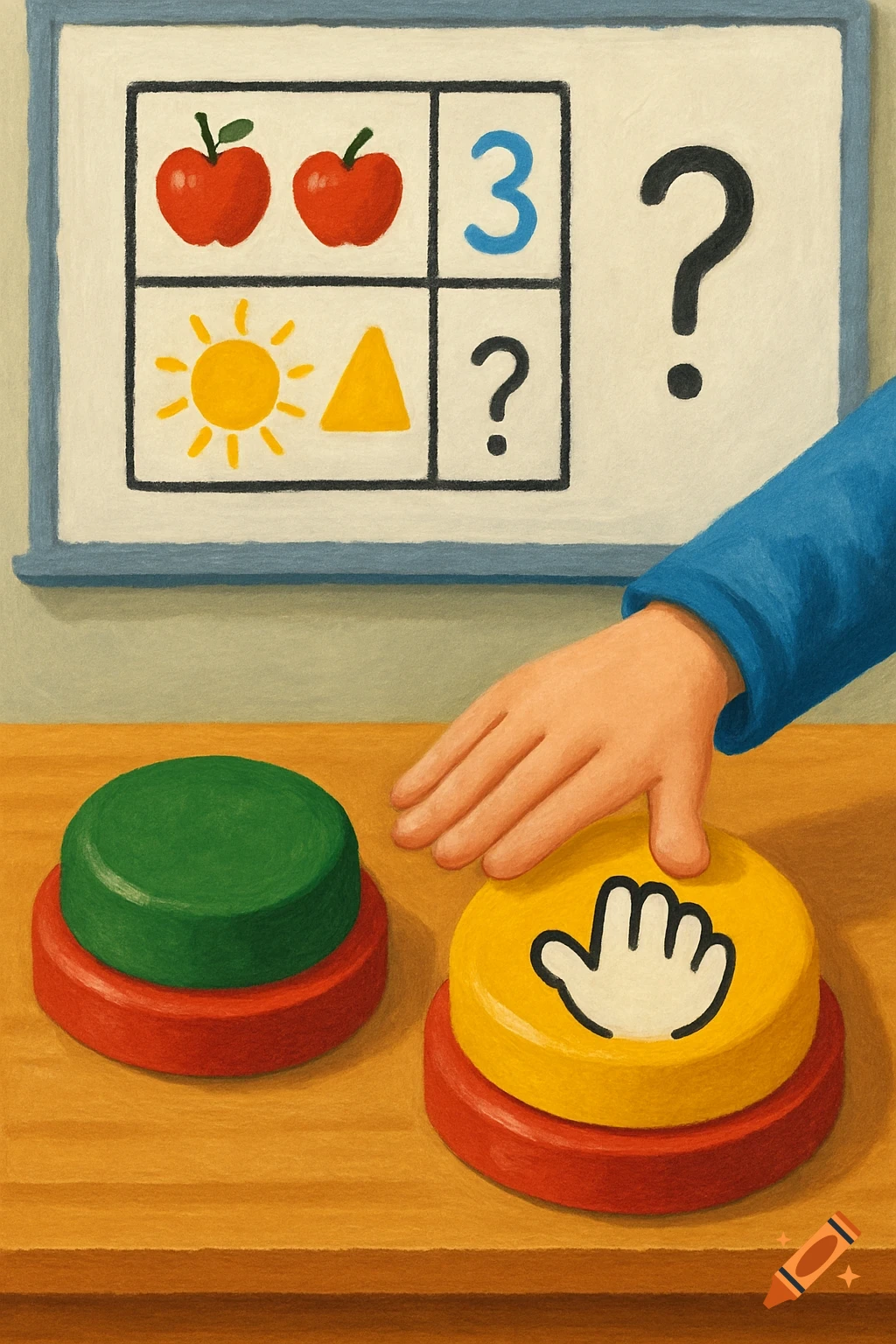 A hand reaches for a yellow button next to a green button below a whiteboard showing an educational puzzle.