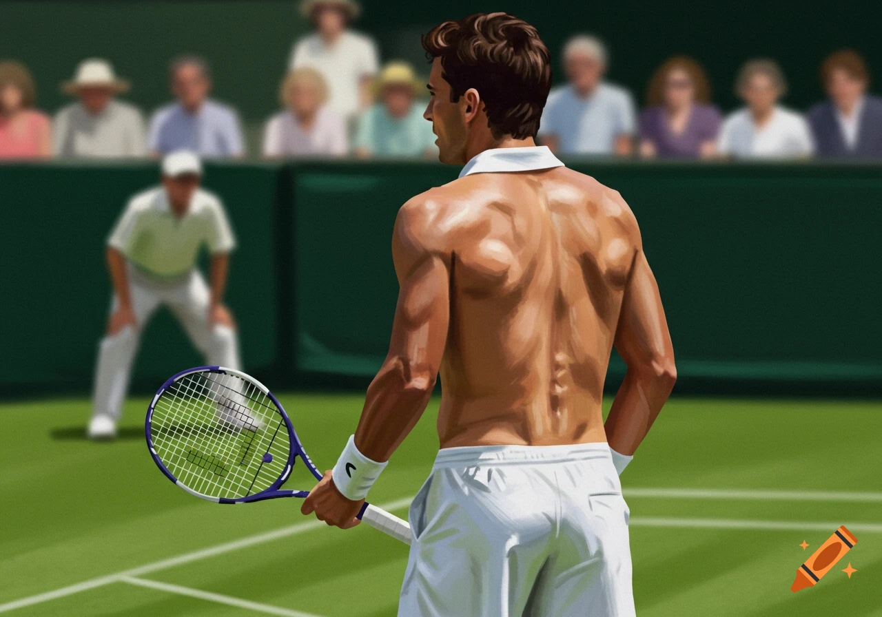 Painting of a muscular male tennis player holding a racket, seen from behind on a court.