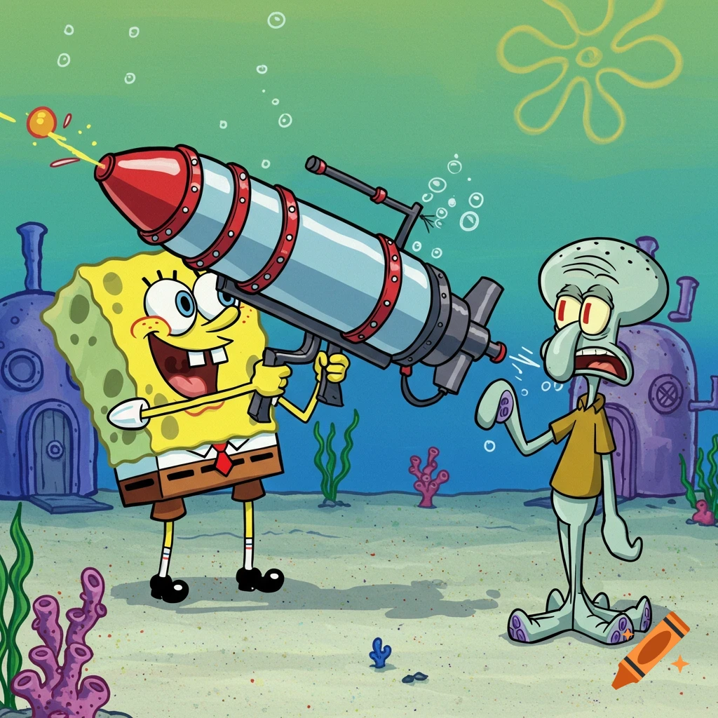 Spongebob aims a large rocket launcher at a scared Squidward underwater in a cartoon style.