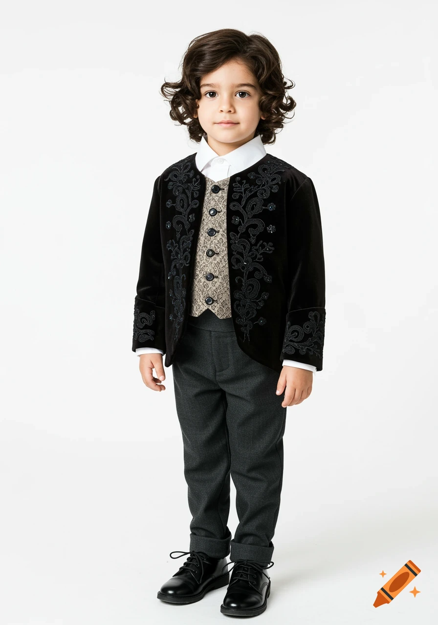 A young boy stands wearing a black velvet jacket with embroidered details, a patterned vest, and grey trousers against a white background.