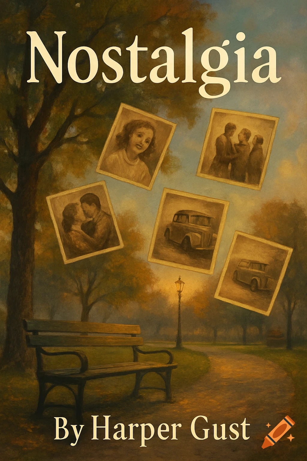 Book cover: Nostalgia, By Harper Gust. Park scene with bench and floating photos of memories.
