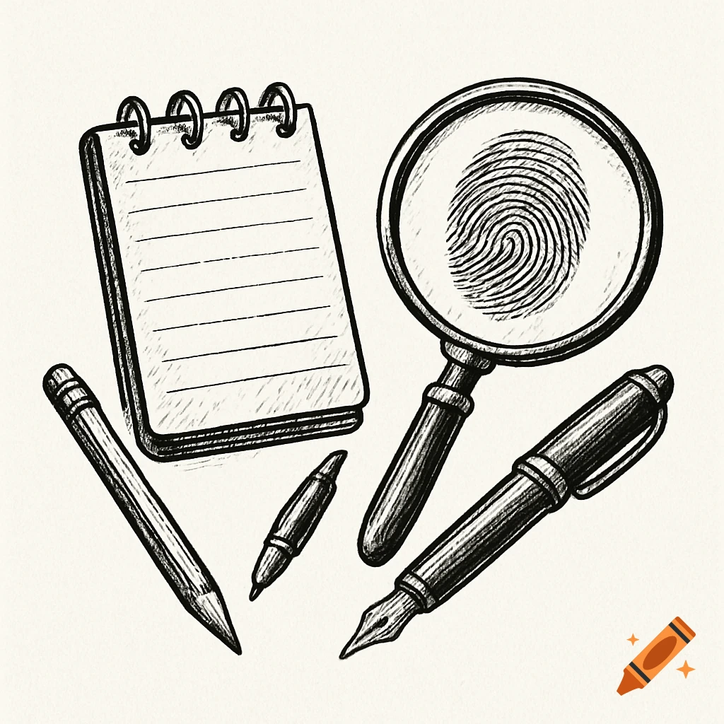 Black and white sketch of detective items: notepad, pencil, pens, magnifying glass with fingerprint.