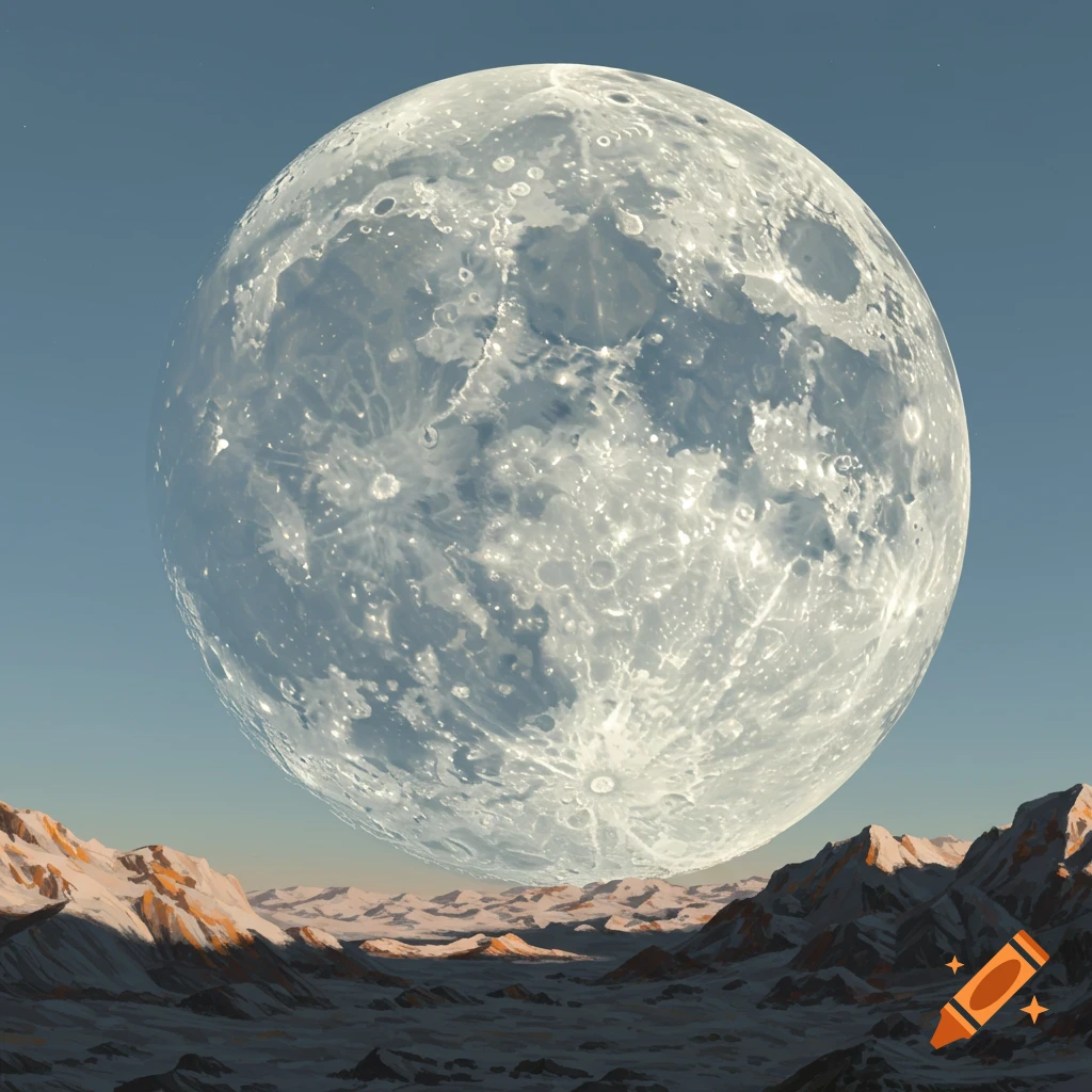 Giant moon hangs over a snowy, rocky mountain landscape under a clear sky.