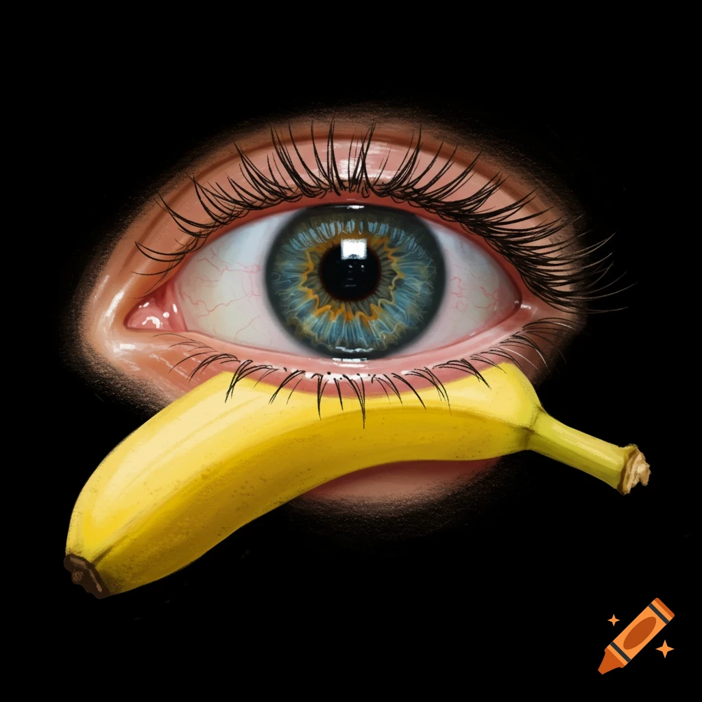 Close-up of a human eye with a banana positioned underneath, appearing to be eaten by the eye.