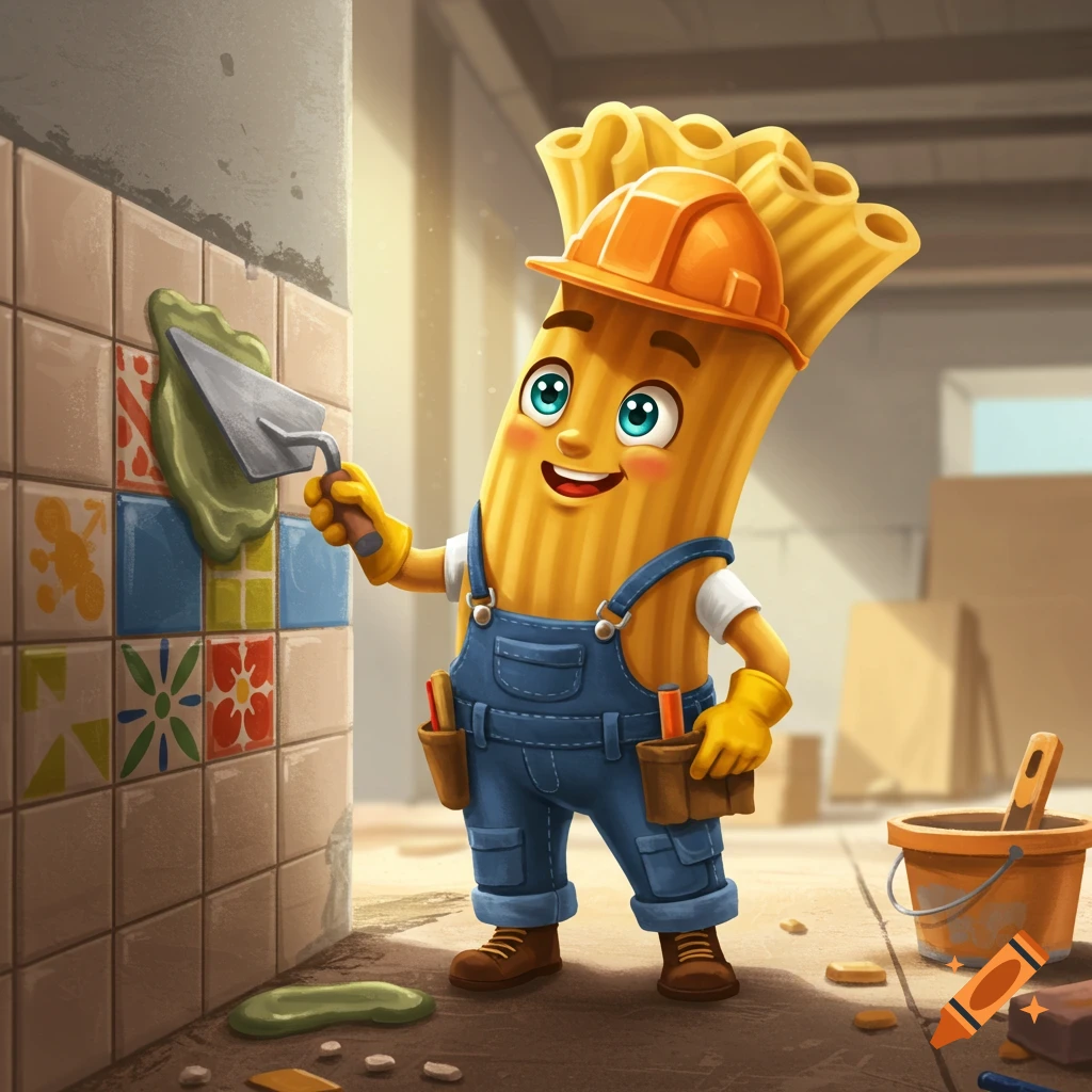 Cartoon pasta character in construction gear tiling a wall with colorful tiles