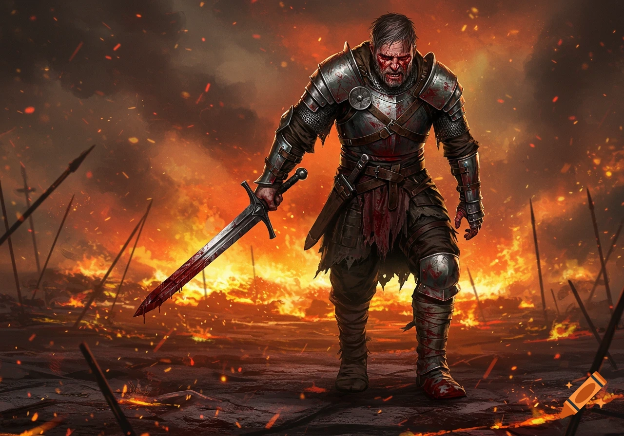 A wounded warrior with a bloodied sword stands on a burning battlefield with spears.