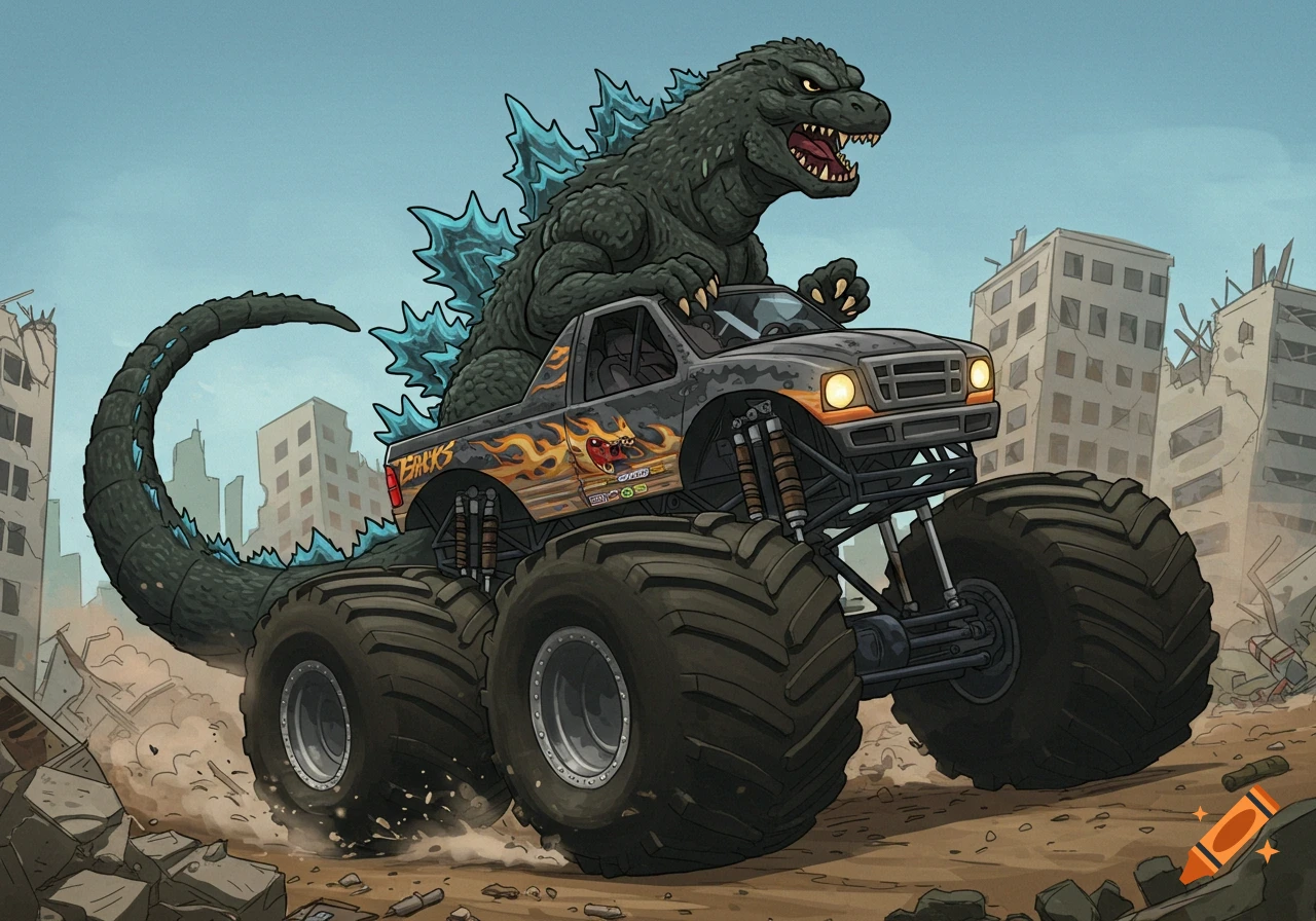 Cartoon illustration of Godzilla riding atop a monster truck in a destroyed city.