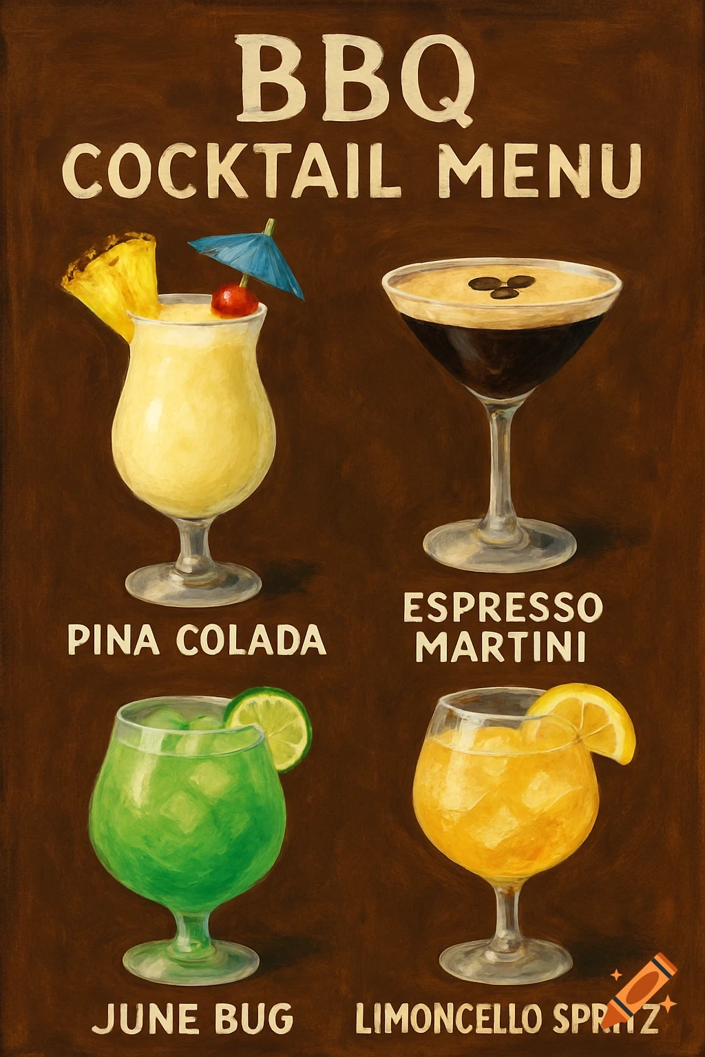 A painted cocktail menu board with four drinks: Pina Colada, Espresso Martini, June Bug, and Limoncello Spritz.