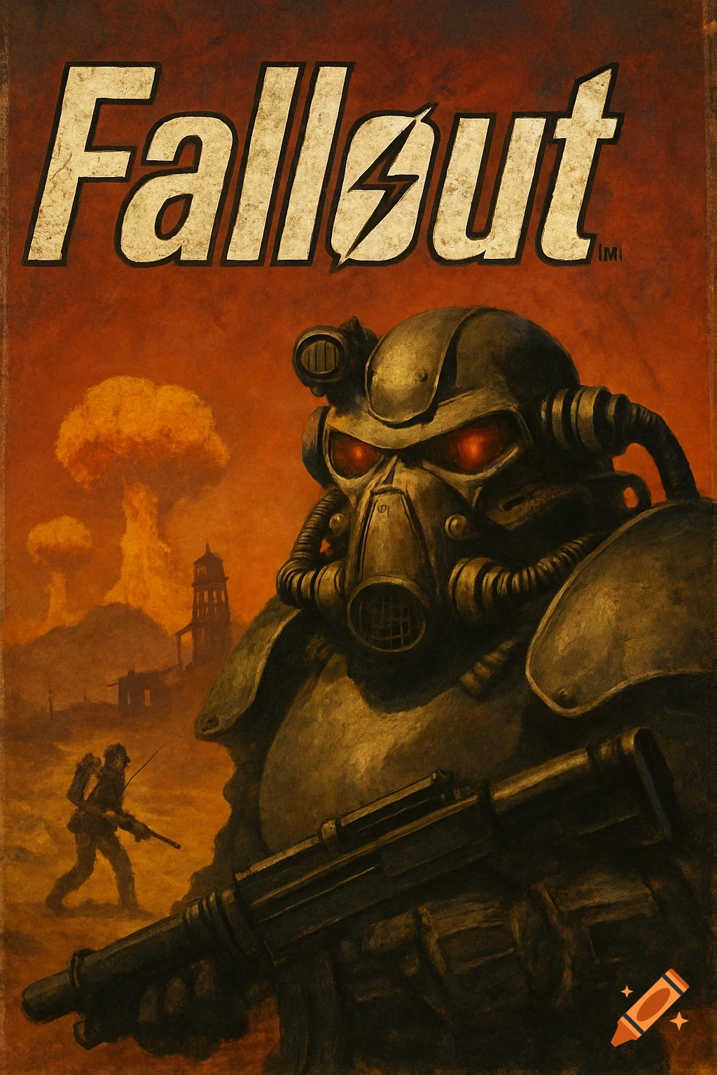 Painted art of a figure in power armor holding a rifle, with mushroom clouds and a distant soldier in a wasteland.