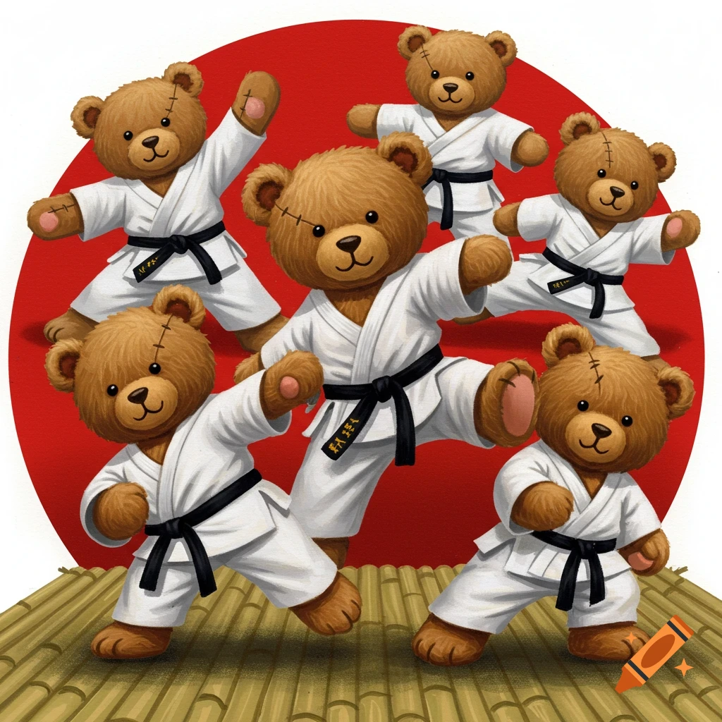 Teddy bears in karate uniforms doing various poses on a mat in front of a red circle.
