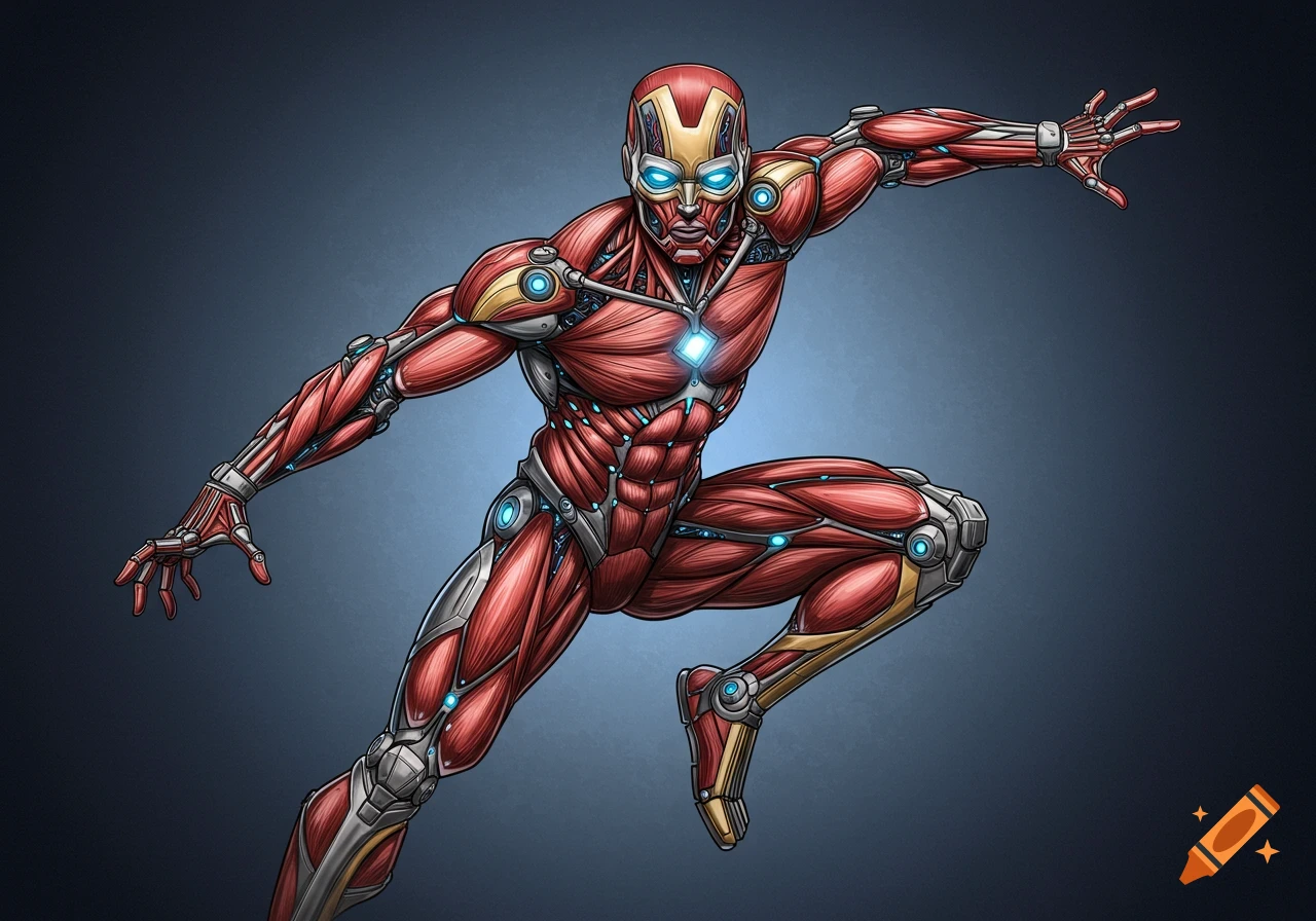 A stylized illustration of a muscular figure in Iron Man armor with exposed muscles and mechanical parts, in a dynamic pose.