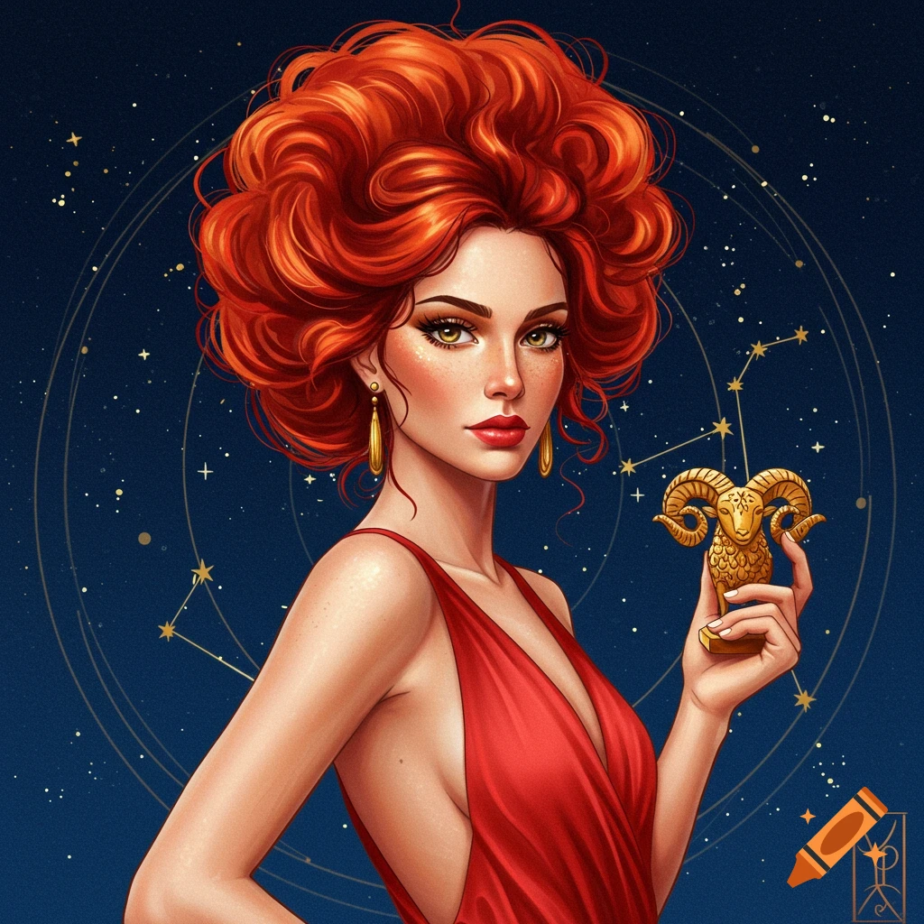 A woman with red hair and dress holds a golden ram statue against a starry background.
