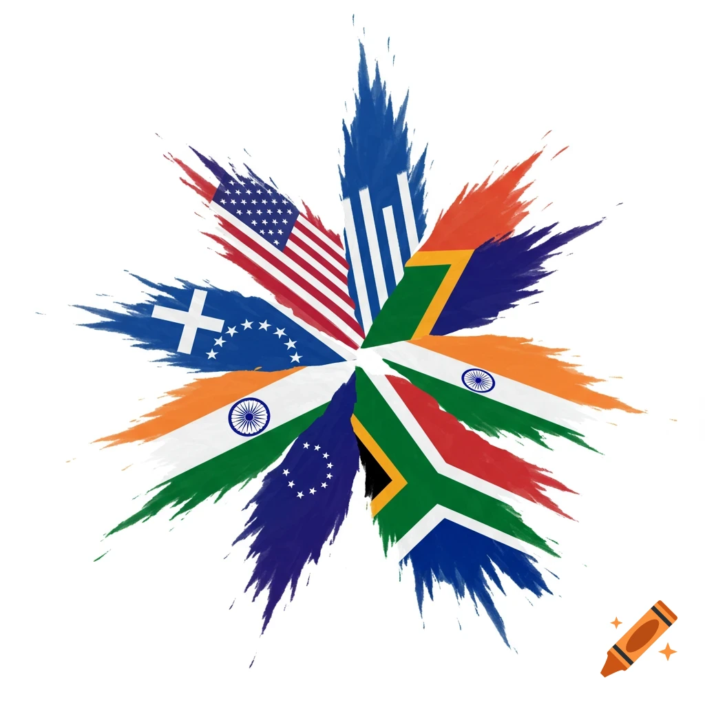 Star shape arrangement of brush stroke flags including USA, Greece, India, South Africa, and EU flag.
