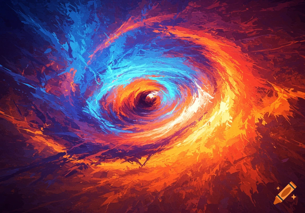 An abstract swirl of blue, orange, and red brushstrokes.