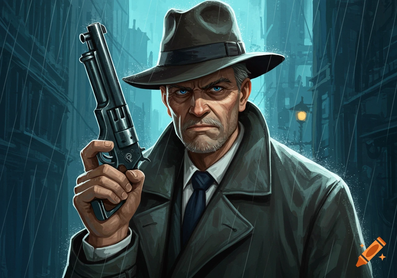 Illustration of a man in a fedora and trench coat holding a revolver in a rainy city street.