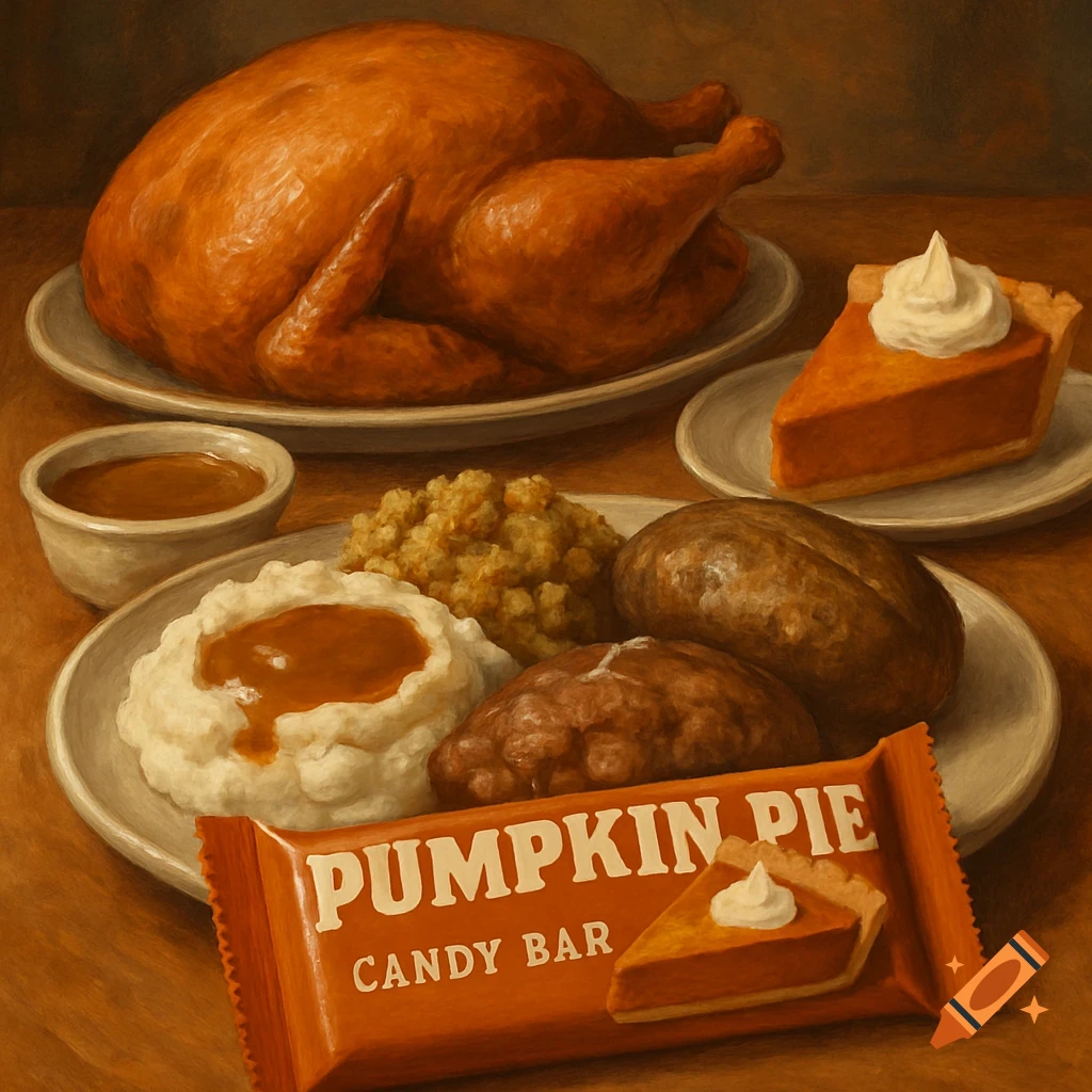 Still life painting of a Thanksgiving meal with turkey, sides, pie, and a pumpkin pie candy bar.