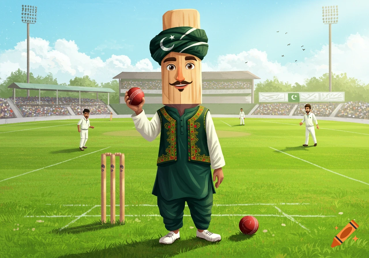 Illustration of a humanized cricket bat character wearing traditional Pakistani clothing on a cricket field holding a ball.