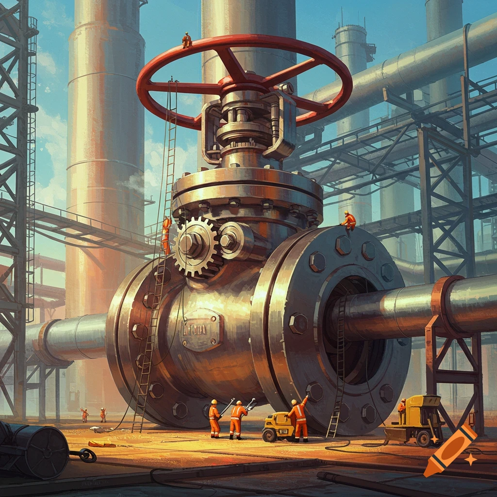 Giant industrial valve being repaired by small workers in a painterly style.