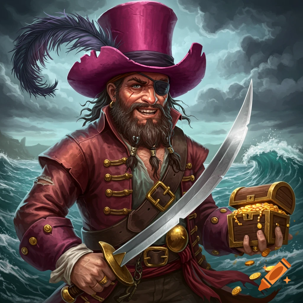 Digital painting of a pirate with a pink hat, sword, and treasure chest in a stormy sea